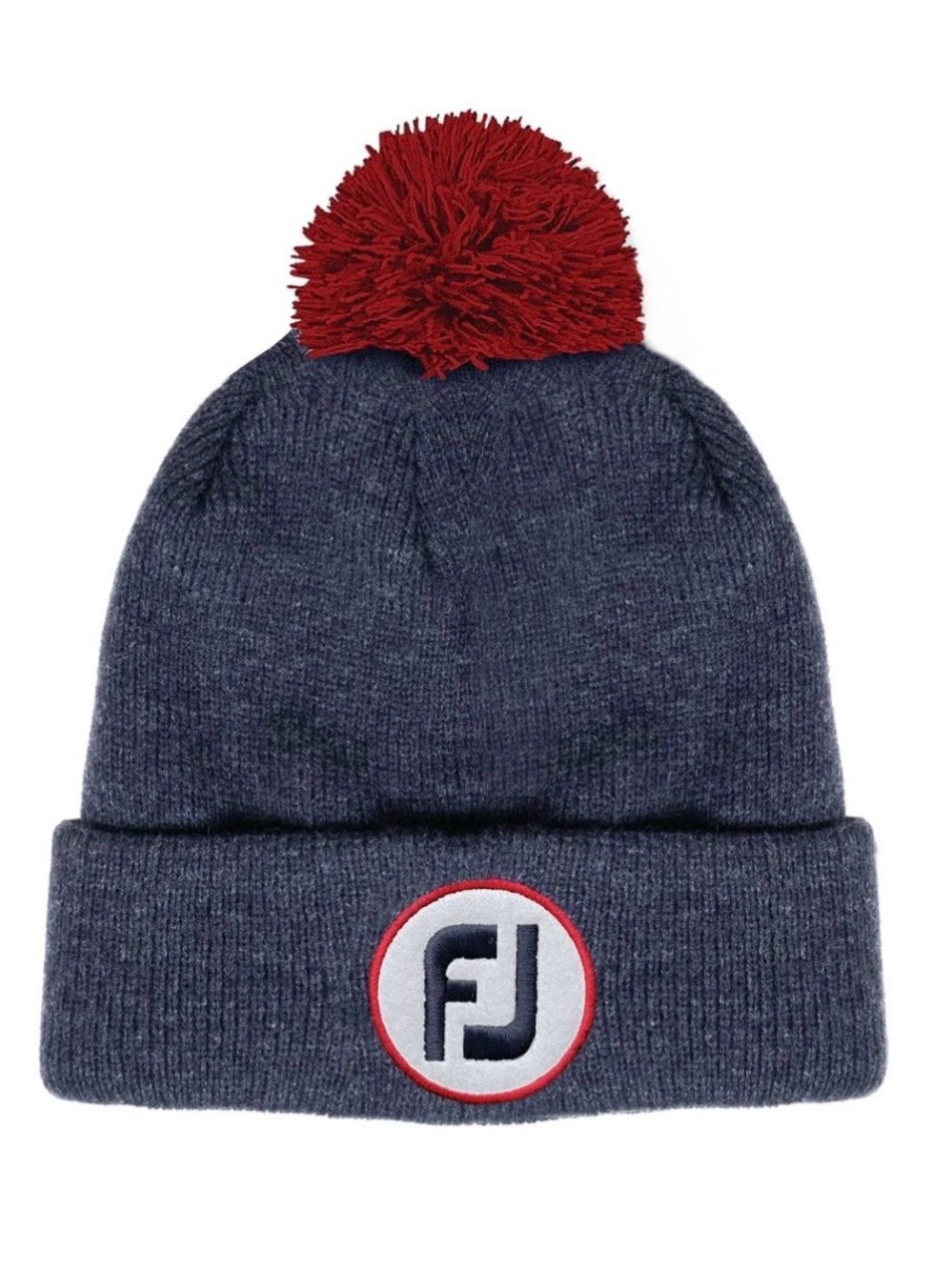 NWT FootJoy FJ Logo Winter Knit Navy Heathered Golf Beanie Red Pom Pom NEW